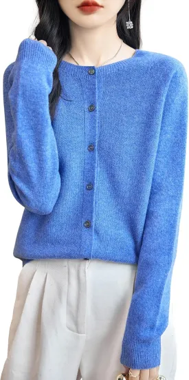 Women's Crewneck 100% Merino Wool Sweater 2025 Spring Fall Solid Long Sleeve Seamless Knitted Cardigan Sweater