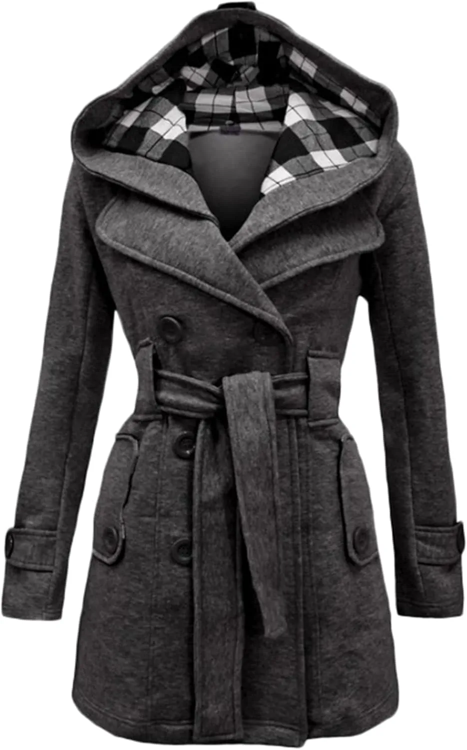 Women's Double Breasted Pea Coat Hooded Long Winter Trench Coat Belted Sexy Fashion Coat
