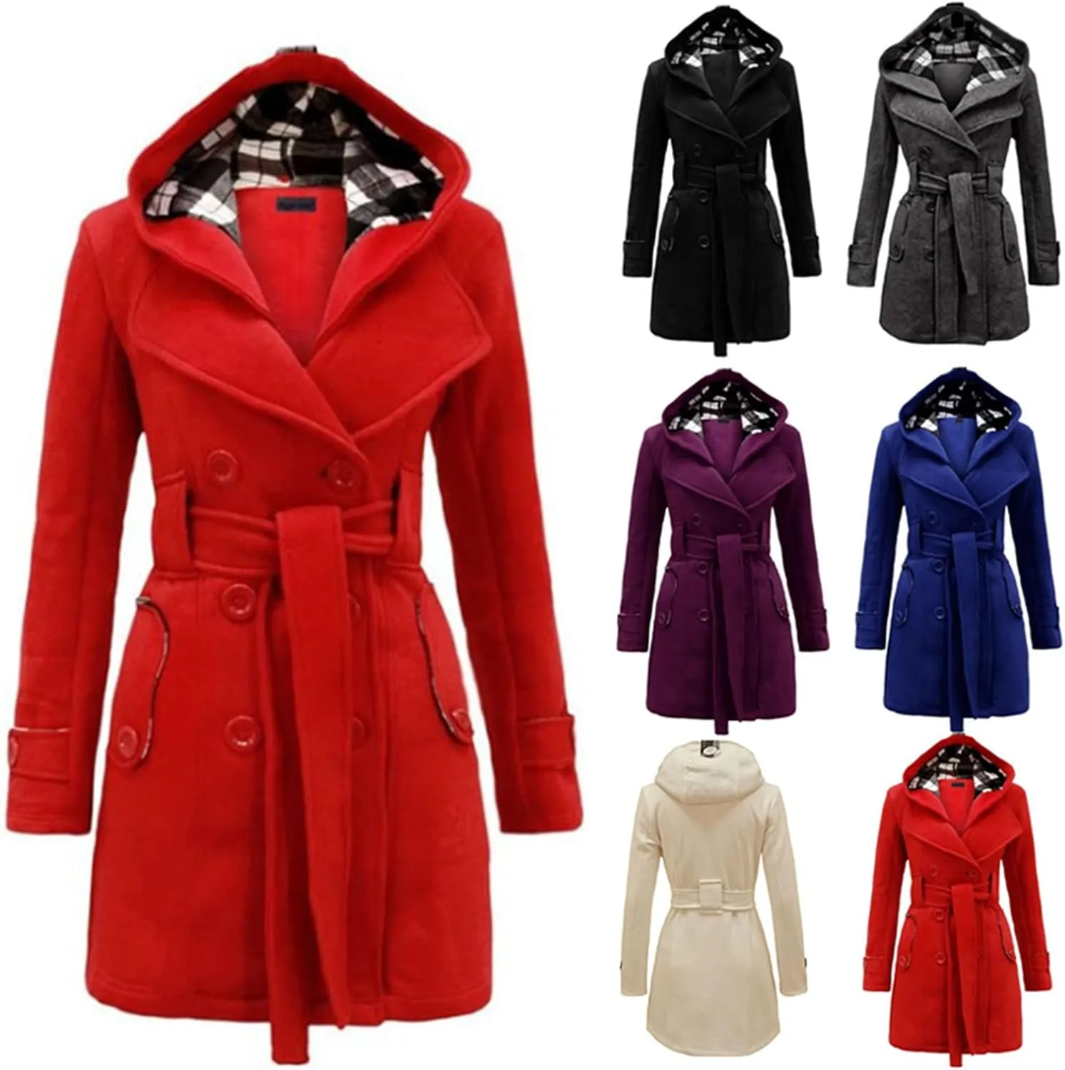 Women's Double Breasted Pea Coat Hooded Long Winter Trench Coat Belted Sexy Fashion Coat