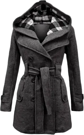 Women's Double Breasted Pea Coat Hooded Long Winter Trench Coat Belted Sexy Fashion Coat