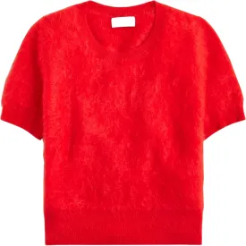 Women's Furry Cropped Sweater Short Sleeve Soft Fuzzy Sweater T Shirt Loose Casual Knit Pullover