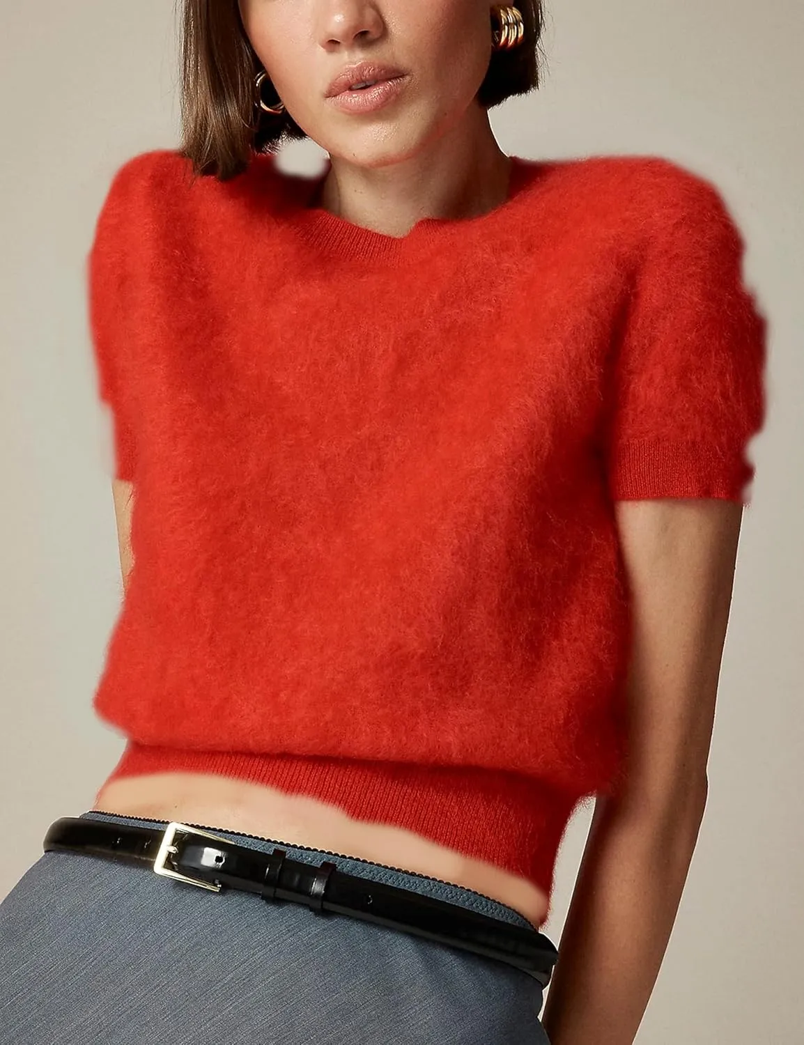 Women's Furry Cropped Sweater Short Sleeve Soft Fuzzy Sweater T Shirt Loose Casual Knit Pullover