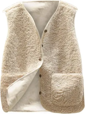 Women's Shaggy Teddy Vest Pocket Winter Short Jacket Lamb Wool Winter Sleeveless Fleece Button Solid Outerwear