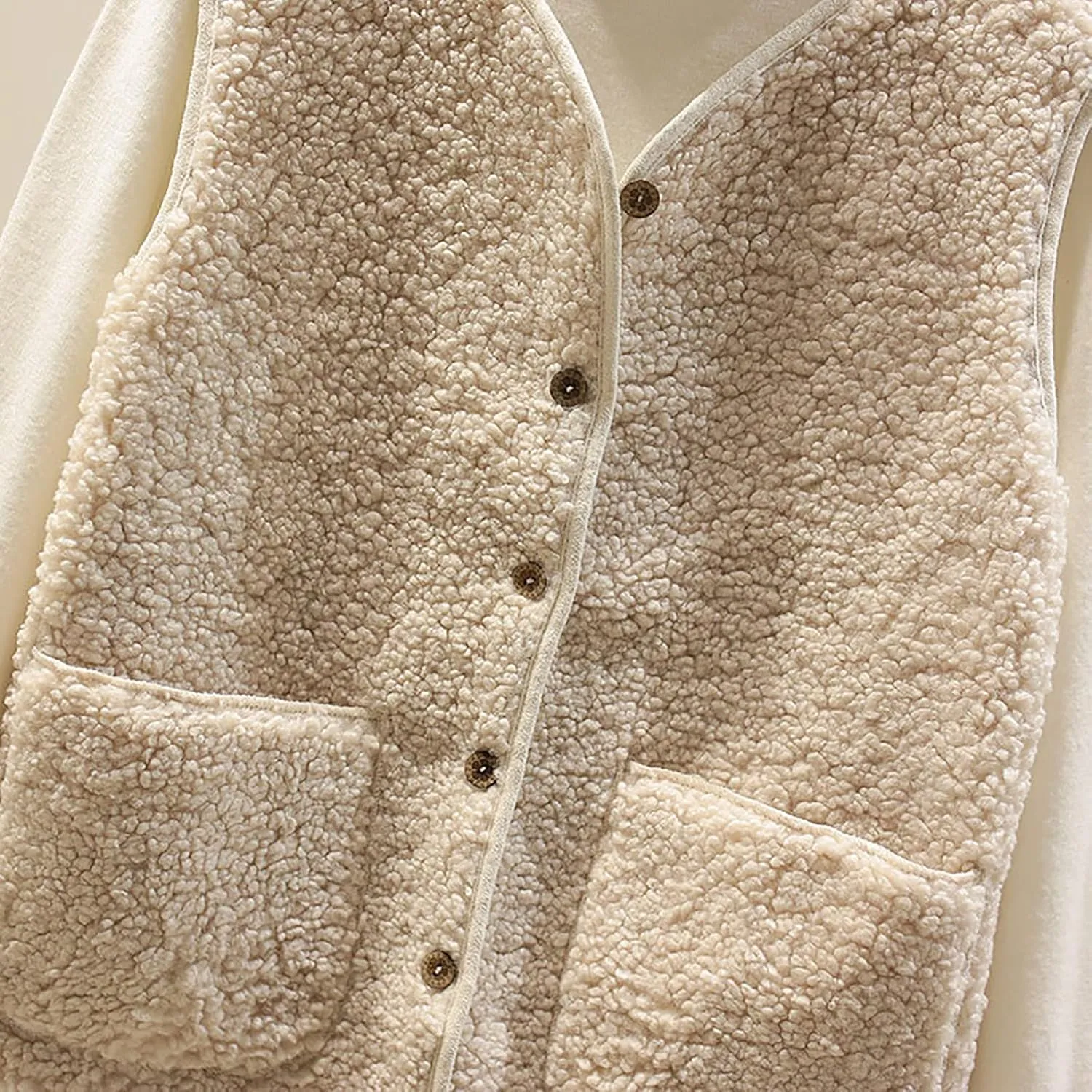 Women's Shaggy Teddy Vest Pocket Winter Short Jacket Lamb Wool Winter Sleeveless Fleece Button Solid Outerwear