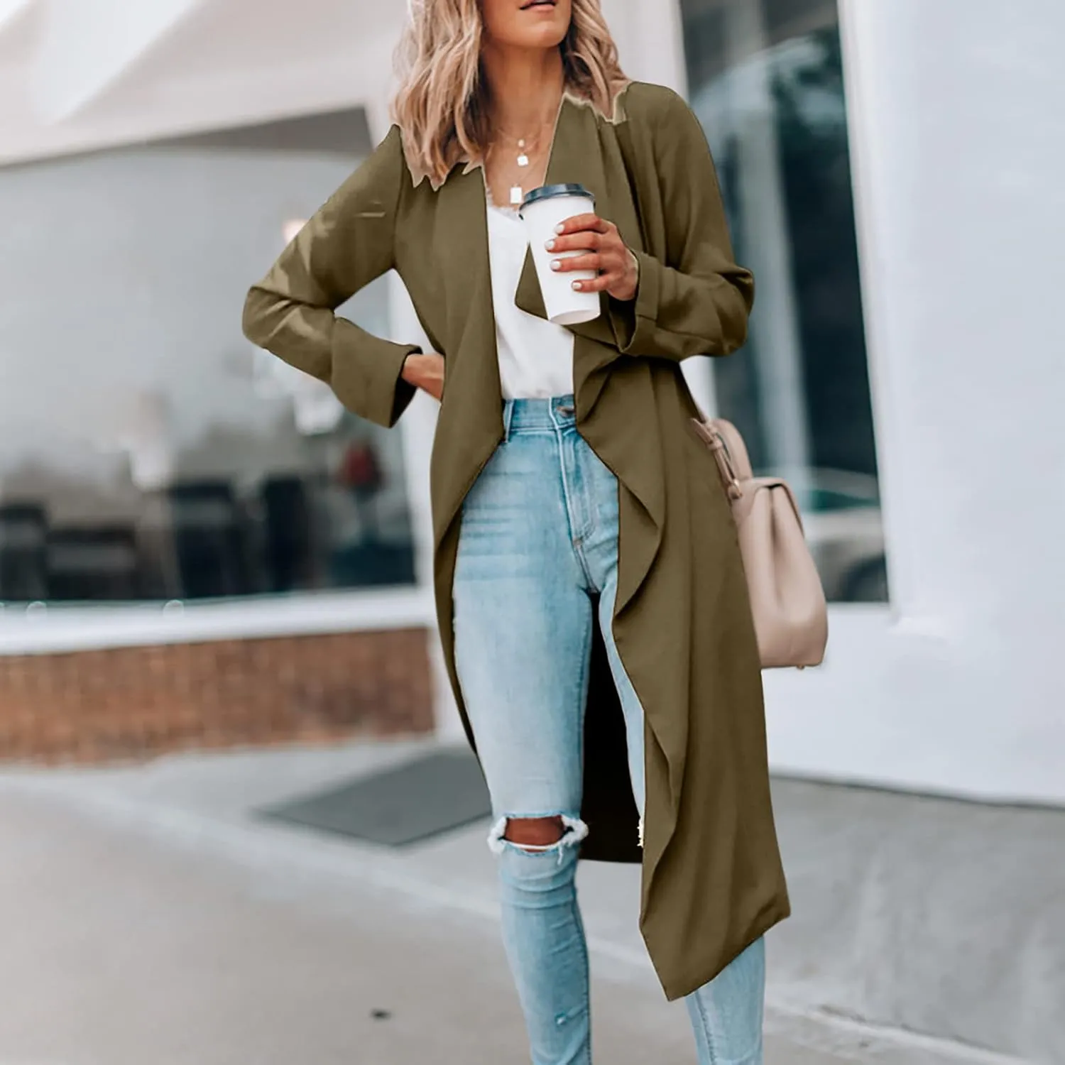 Womens Solid Color Jacket Adults Long Sleeve Lapel Trench Mid Length Coat Casual World of Dance Windbreaker