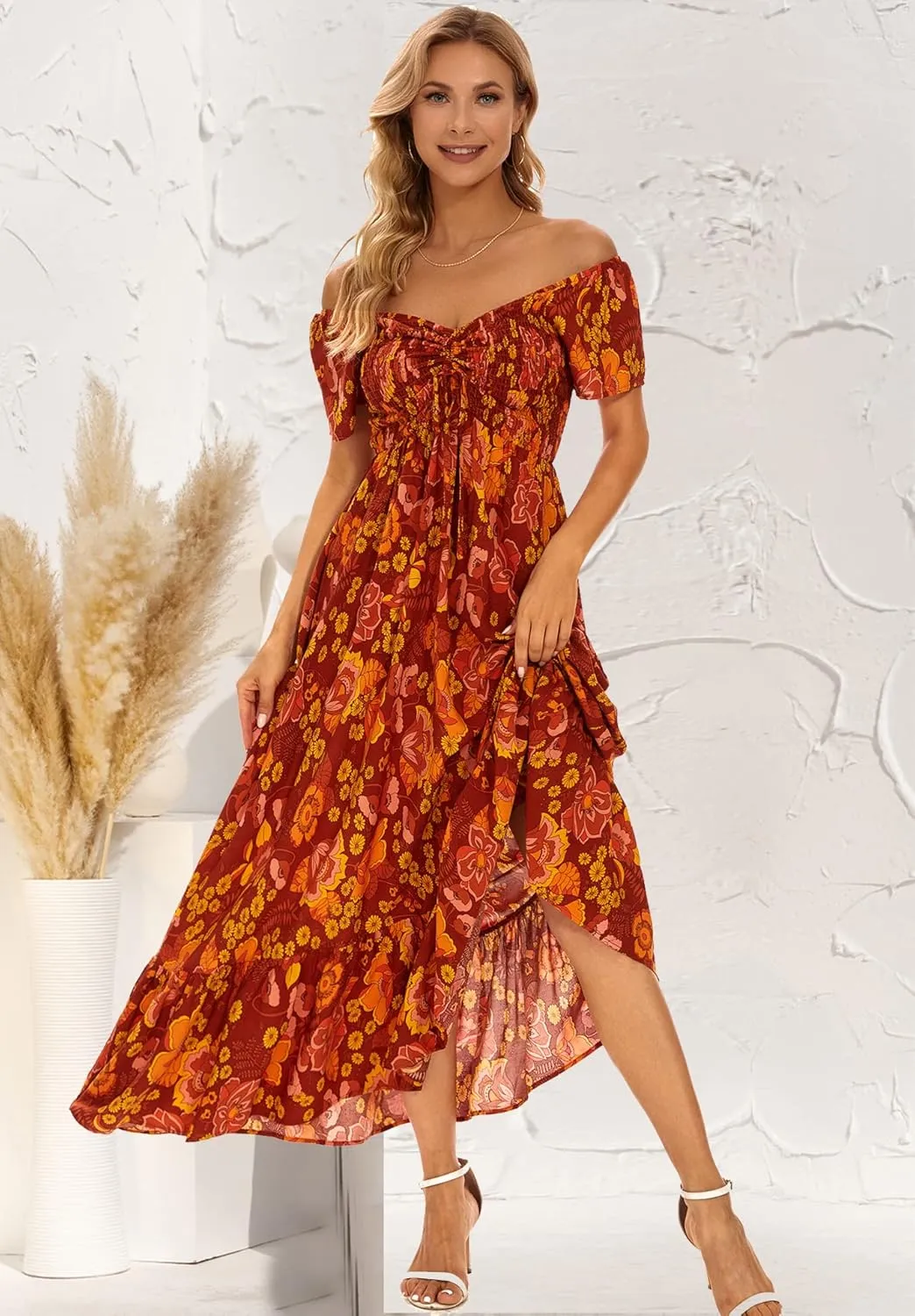 Women's Summer Floral Maxi Dress Casual Short Sleeve Flowy Boho Beach Party Long Dress