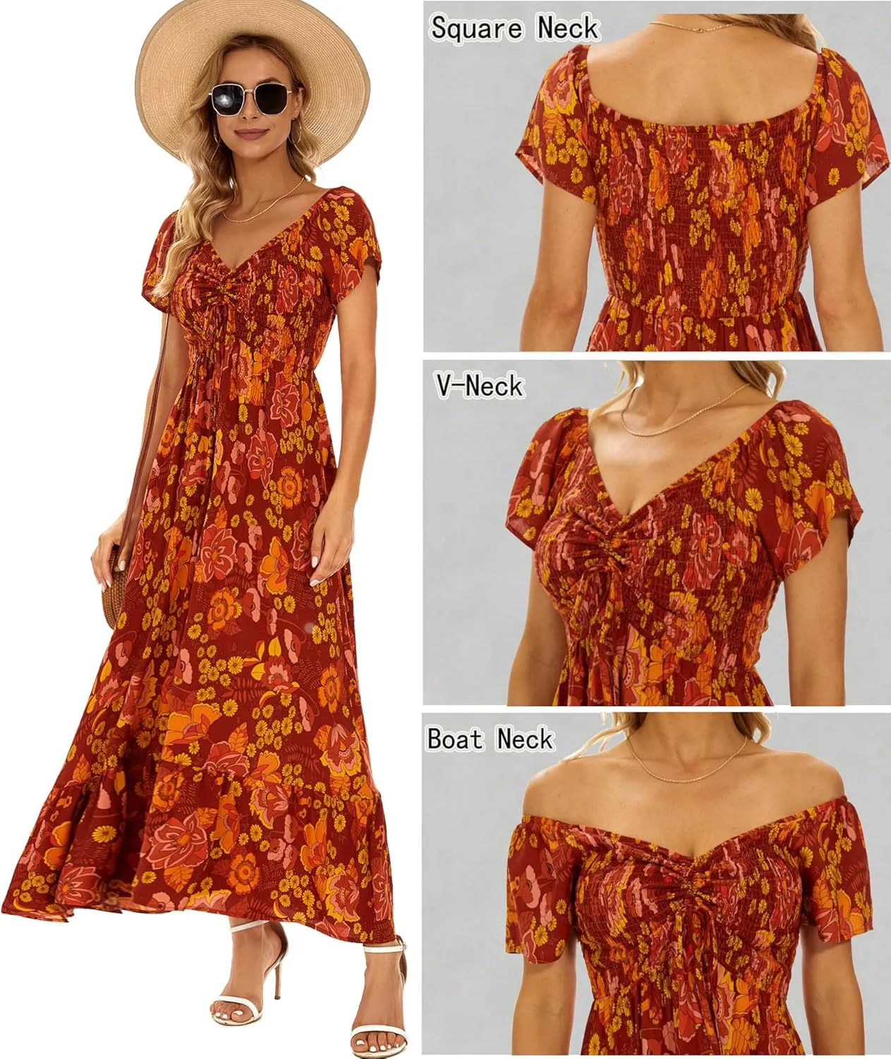 Women's Summer Floral Maxi Dress Casual Short Sleeve Flowy Boho Beach Party Long Dress