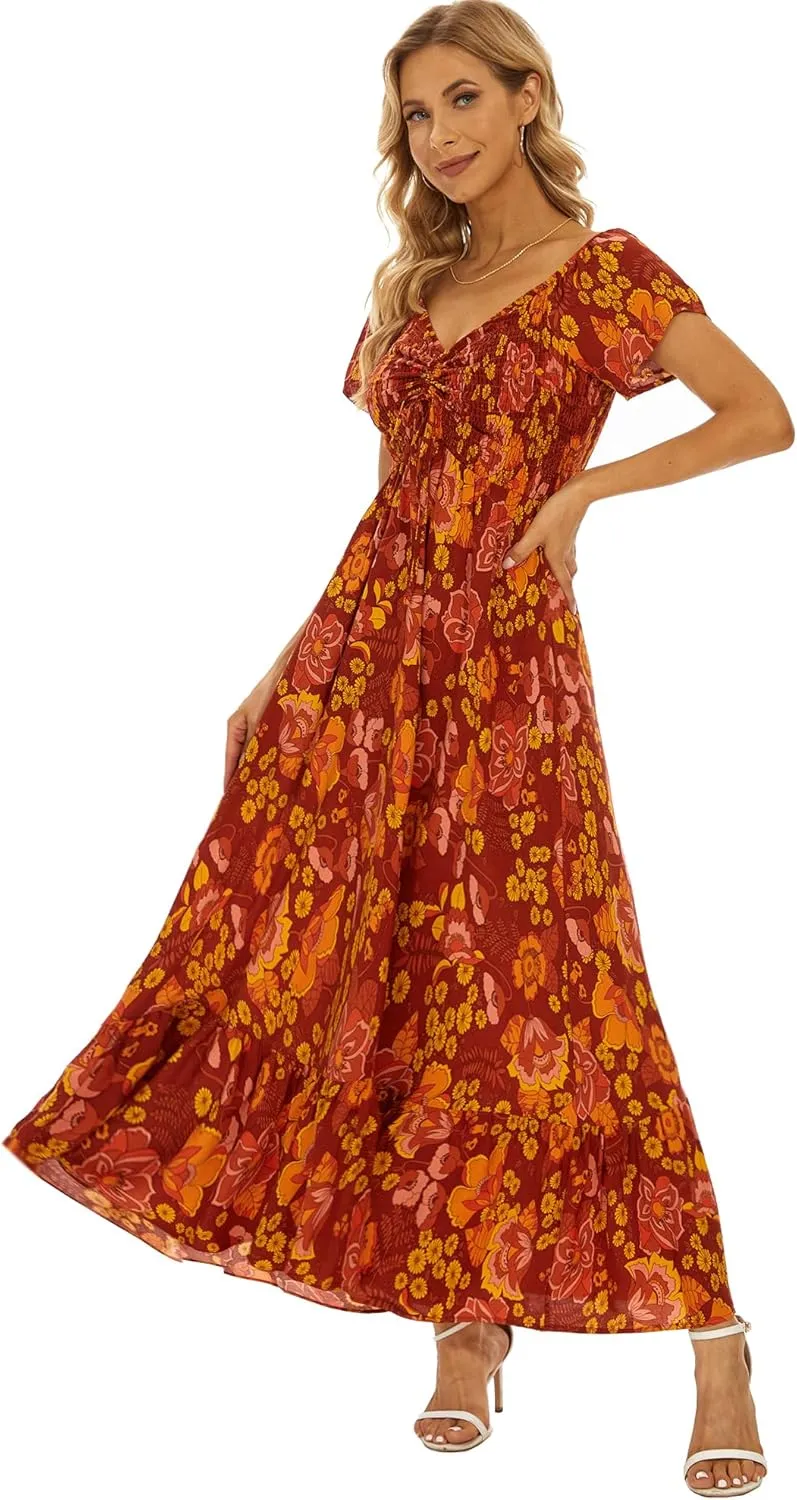 Women's Summer Floral Maxi Dress Casual Short Sleeve Flowy Boho Beach Party Long Dress