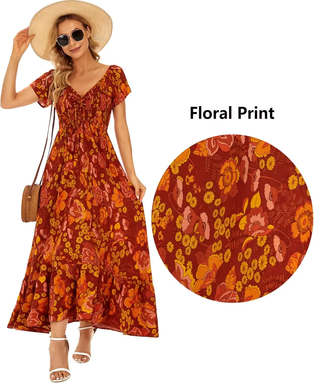 Women's Summer Floral Maxi Dress Casual Short Sleeve Flowy Boho Beach Party Long Dress