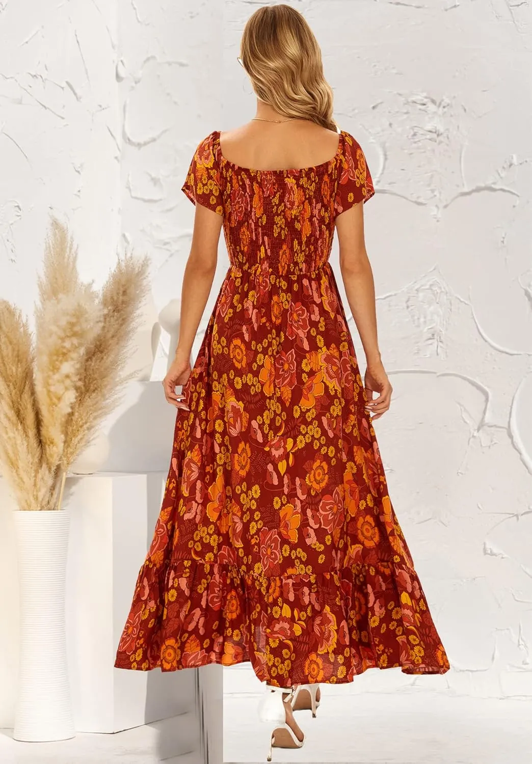 Women's Summer Floral Maxi Dress Casual Short Sleeve Flowy Boho Beach Party Long Dress