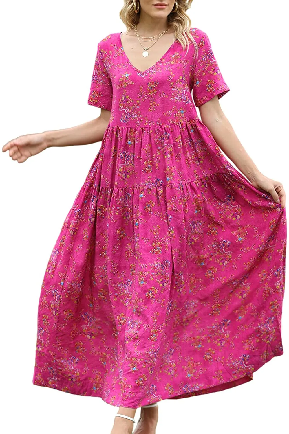 YESNO Women Casual Loose Bohemian Floral Dress with Pockets Short Sleeve Long Maxi Summer Beach Swing Dress EJF