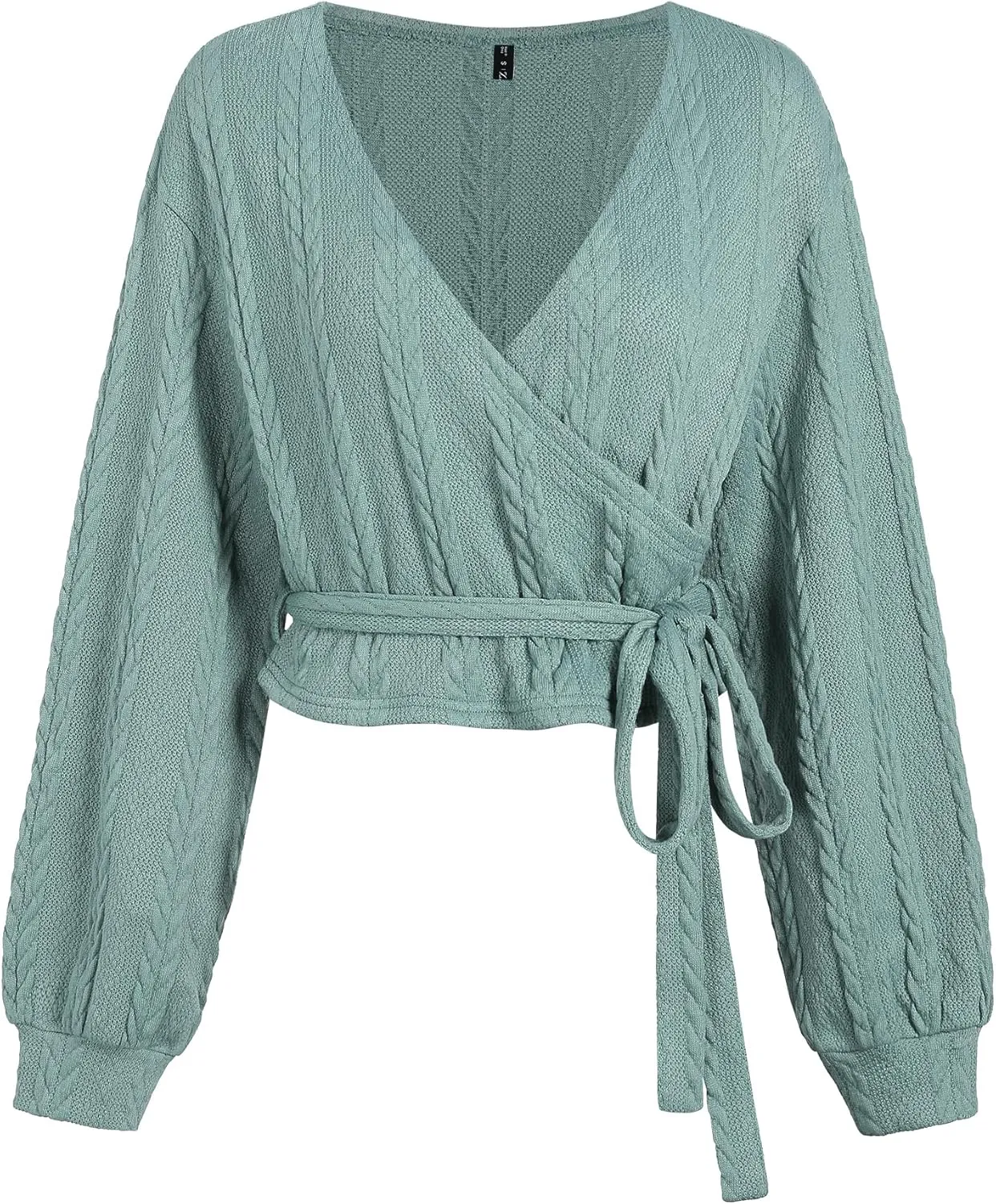 ZAFUL Women's V Neck Sweater Lantern Long Sleeve Pullover Cable Knit Cross Crop Top Casual Tie Wrap Tunic Jumper Blouses
