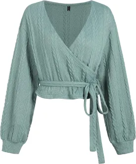 ZAFUL Women's V Neck Sweater Lantern Long Sleeve Pullover Cable Knit Cross Crop Top Casual Tie Wrap Tunic Jumper Blouses