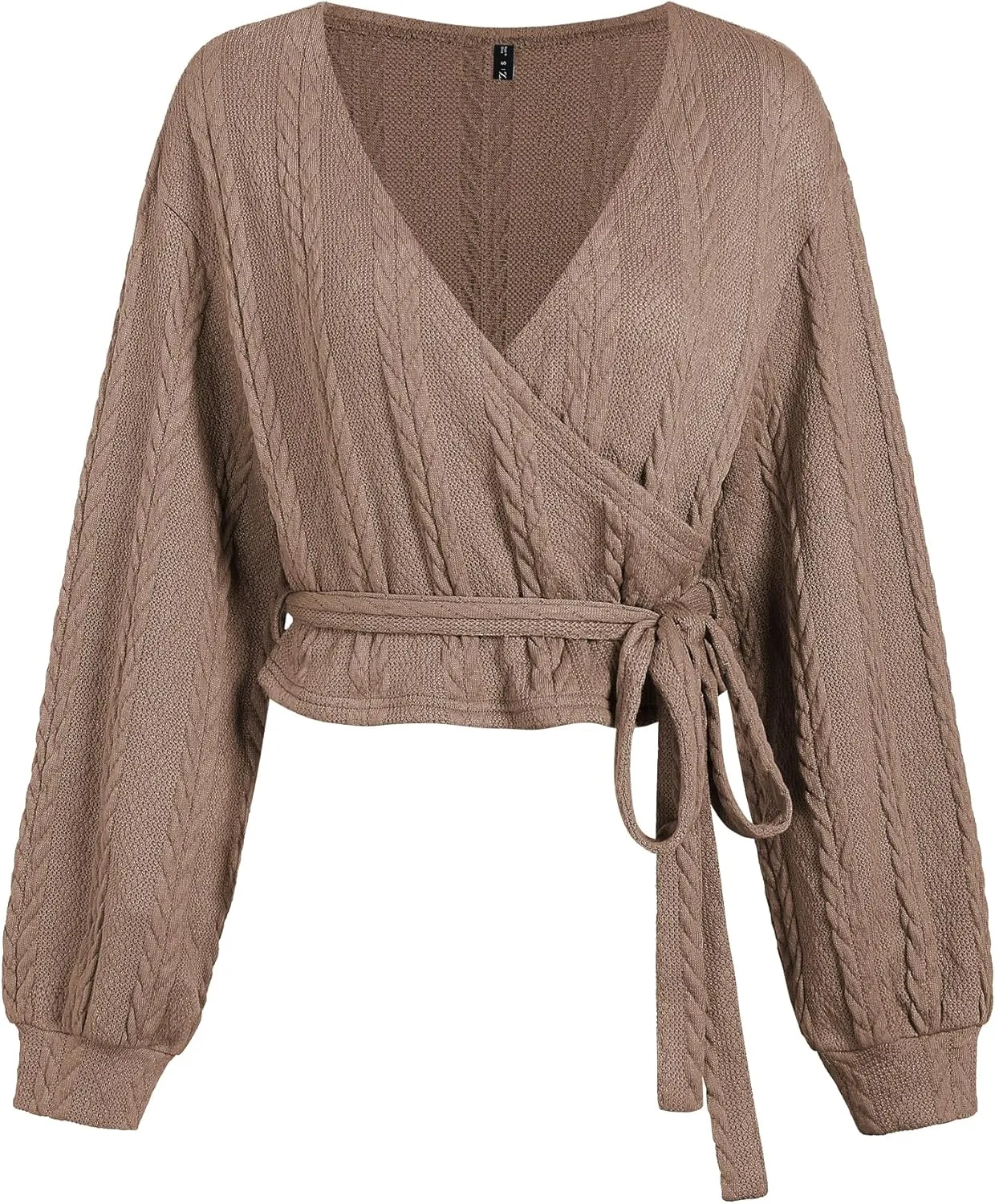 ZAFUL Women's V Neck Sweater Lantern Long Sleeve Pullover Cable Knit Cross Crop Top Casual Tie Wrap Tunic Jumper Blouses