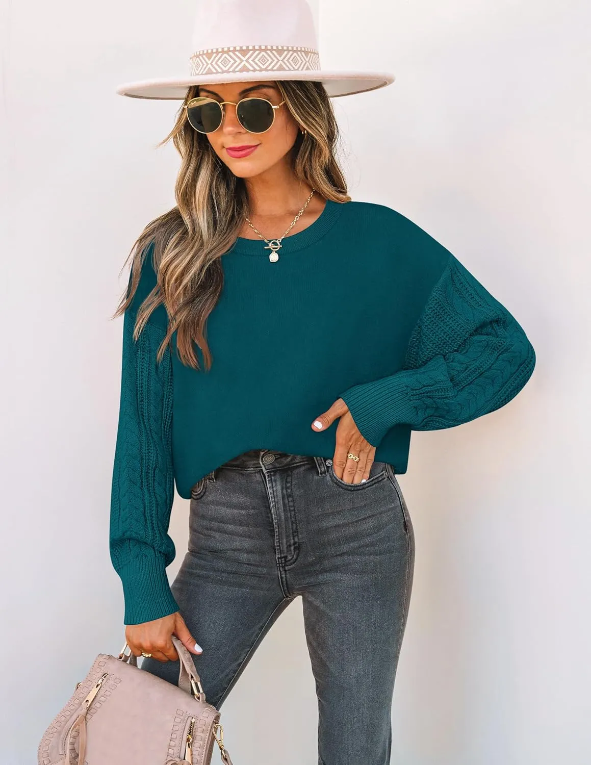 ZESICA Women's Fall Long Sleeve Crew Neck Solid Color Cable Knit Chunky Casual Oversized Pullover Sweater Tops