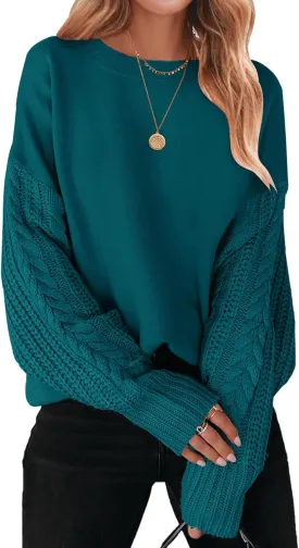 ZESICA Women's Fall Long Sleeve Crew Neck Solid Color Cable Knit Chunky Casual Oversized Pullover Sweater Tops